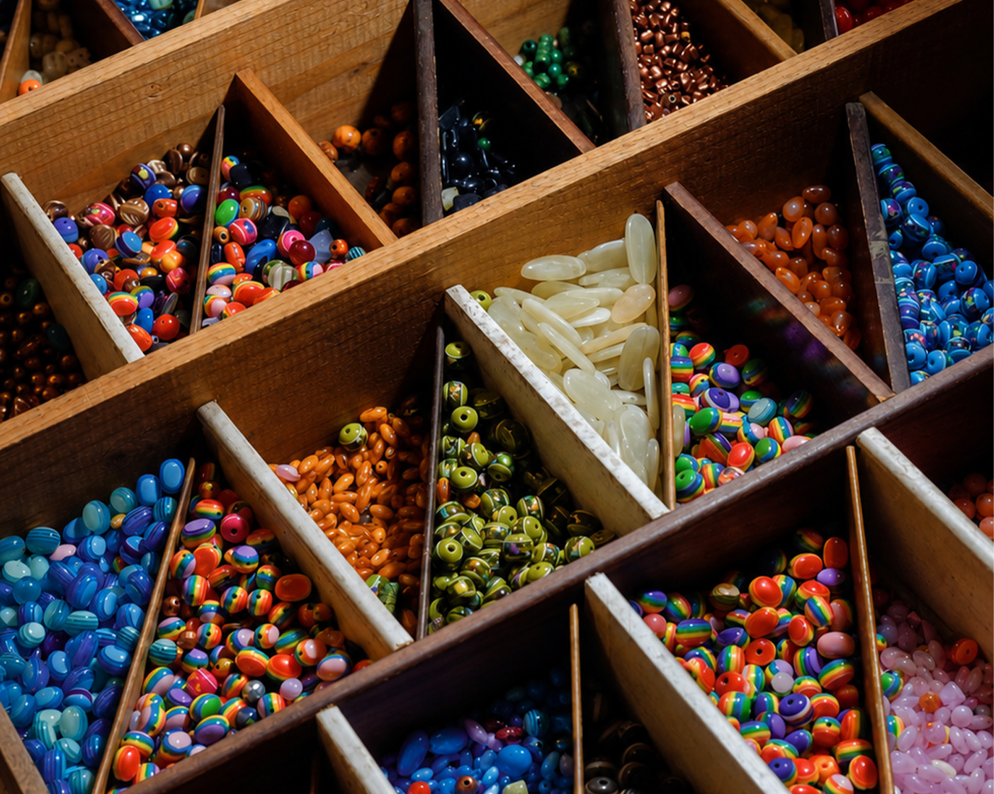 A tray of colourful patterned glass beads from Varanasi.